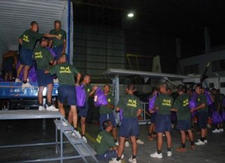 Sailors at the Air and Coastal Defense Command load up supplies to take to flood victims in the north.
